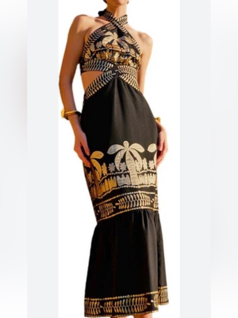 Black and Gold Halter Maxi Dress with Tropical Print